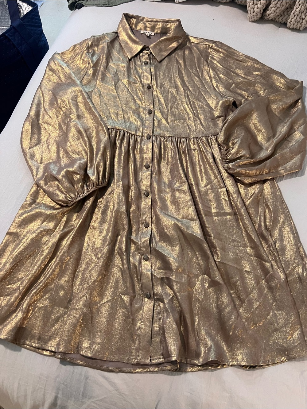 JODIFL Metallic Gold Button-Front Babydoll Dress